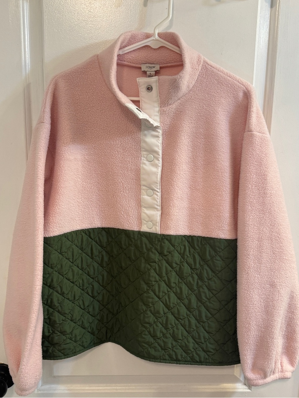 J. CREW Quilted Sherpa Half-zip Snap Pullover Pink Ivory Green Large - Picture 2 of 8